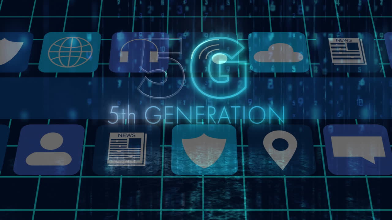 Animation of 5G technology with digital icons illustrating connectivity advancements