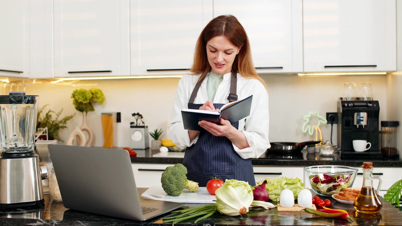 Mujer de mediana edad escribiendo notas de dieta en el portátil en la cocina de su casa para un plan de nutrición saludable