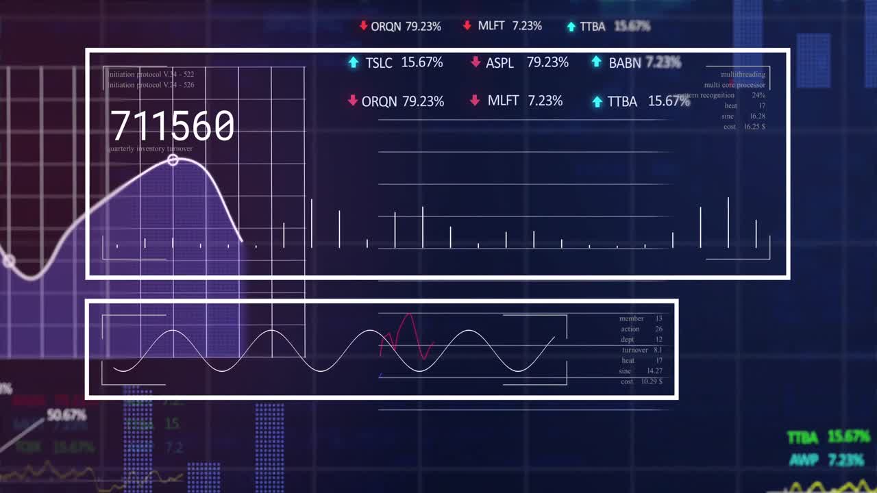 파란색 배경에 대한 통계 및 증권 시장 데이터 처리와의 인터페이스의 애니메이션