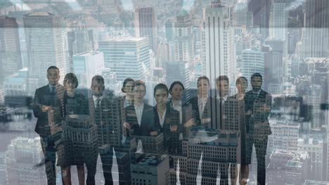 animation of diverse business people over cityscape