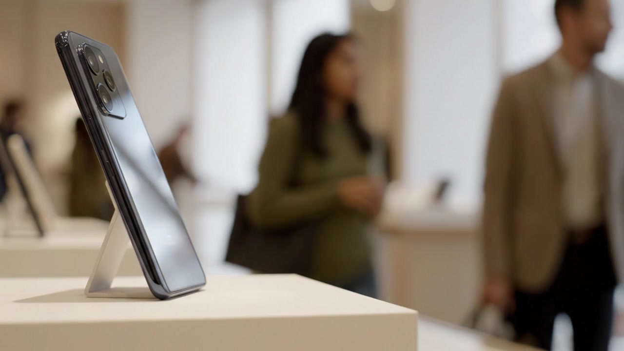Un elegante smartphone esposto in un moderno negozio al dettaglio, con clienti coinvolti che esaminano vari dispositivi e accessori in un'atmosfera luminosa.