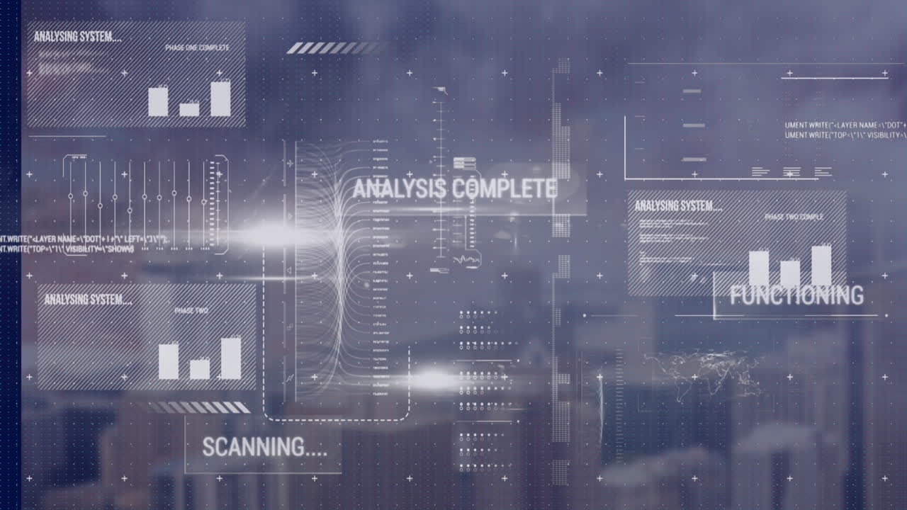 animación de la interfaz con procesamiento de datos y puntos de luz contra la vista aérea del paisaje urbano.
