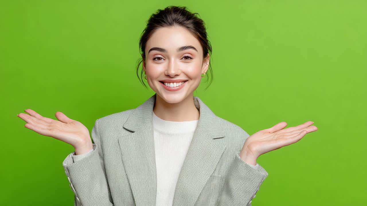 Cheerful Young Woman Expressing Joy and Enthusiasm with Outstretched Hands Against a Bright Green Background