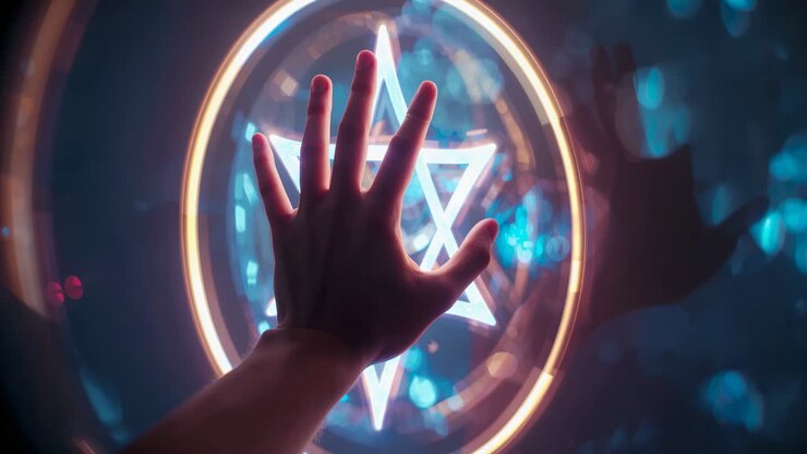 Una mano destra adulta che spunta e preme su un vetro in una stanza buia per attivare una stella a sei punte al neon