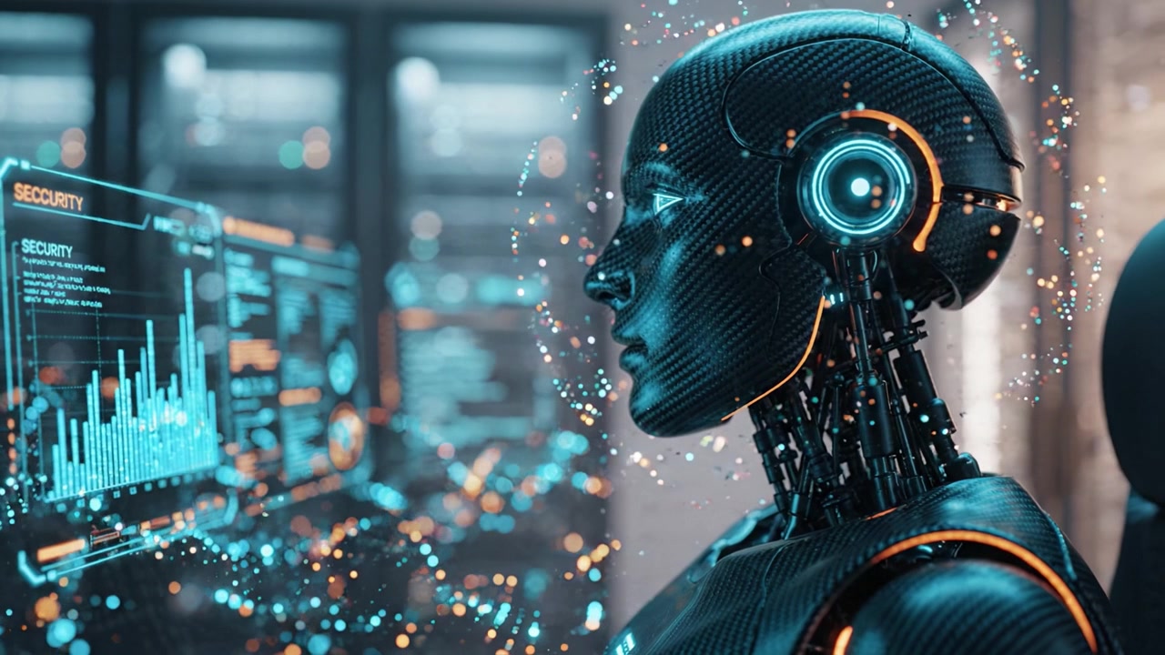 A Futuristic Robot Analyzes Security Data in a High-Tech Digital Environment, Emphasizing Advanced Technology and Artificial Intelligence Innovations.