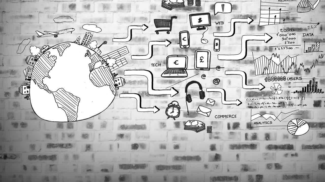 animación de globo en blanco y negro con red de negocios e iconos de medios en gris