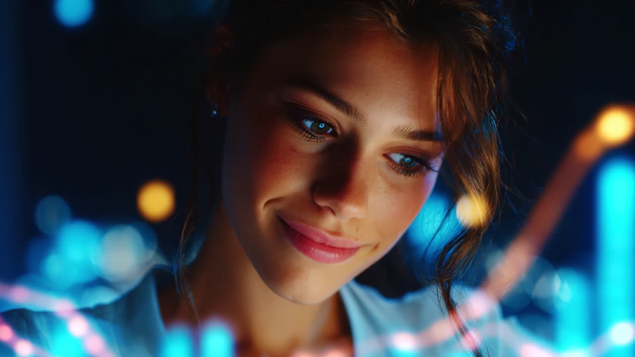 A young woman captivates viewers with her engaging expression, as she gazes thoughtfully at a vibrant digital display full of colorful graphs and data visualizations, suggesting a deep analytical engagement