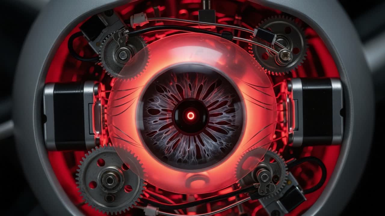 An Intricate Mechanism: The Close-Up View of a Futuristic Eye-Inspired Cybernetic Design Featuring Gears and Illuminated Elements