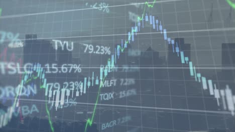 animación del procesamiento de datos financieros y bursátiles frente a una vista aérea del paisaje urbano