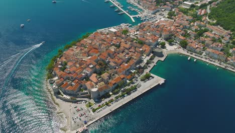 aerial view of the historic fortified town of korcula, a croatian island in the adriatic sea