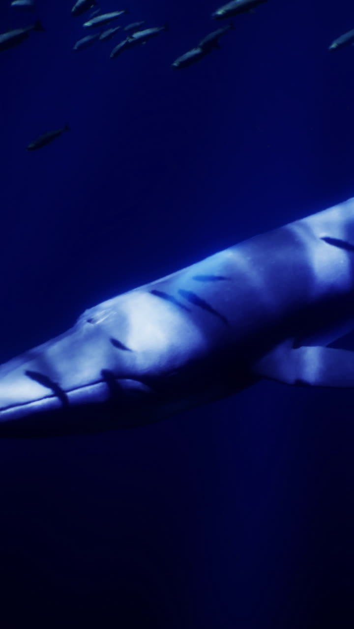 Una maestosa balena scivola nelle profonde acque oceaniche circondata da pesci