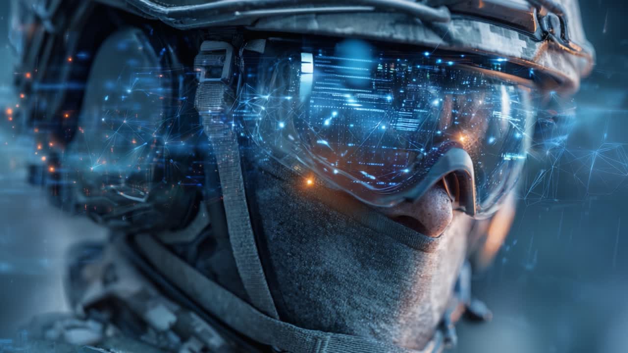 Un soldato hi-tech sta vigile, equipaggiato con occhiali avanzati che mostrano interfacce digitali, pronto all'azione in un ambiente di campo di battaglia futuristico