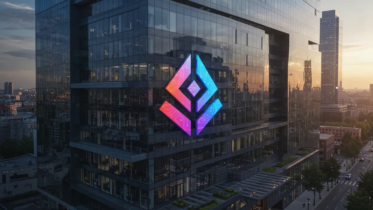 Vibrant Reflections of Modern Architecture: A Stunning Showcase of a Glass Building at Sunset with a Radiant Logo Illuminating the Facade in a Dynamic Cityscape