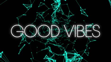 animation of good vibes in white text over glowing blue network of connections on black background