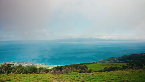 high view of picturesque coastal landscape in the azores islands, portugal