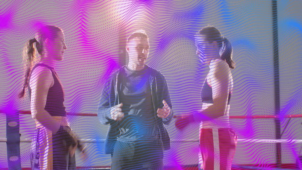 Gloved female boxers shaking hands, coach giving pre-fight tips, purple blue overlay sweeping