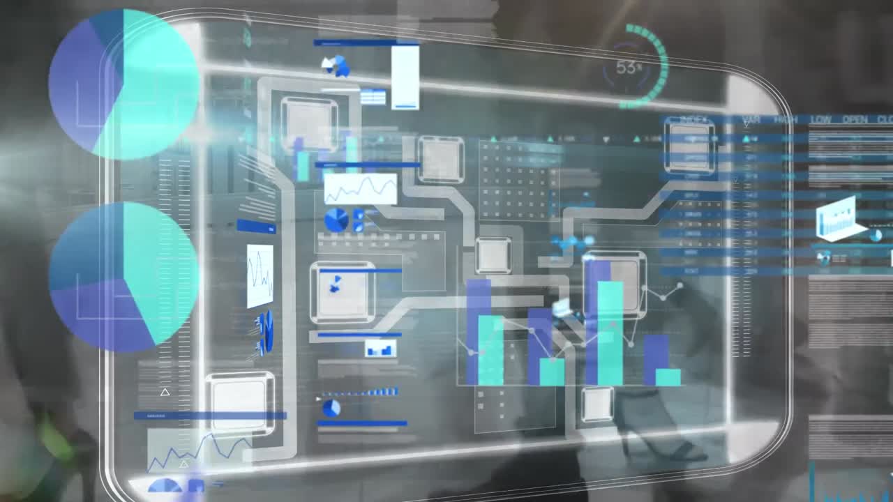 Animation of financial data processing and computer circuit board over people walking on street