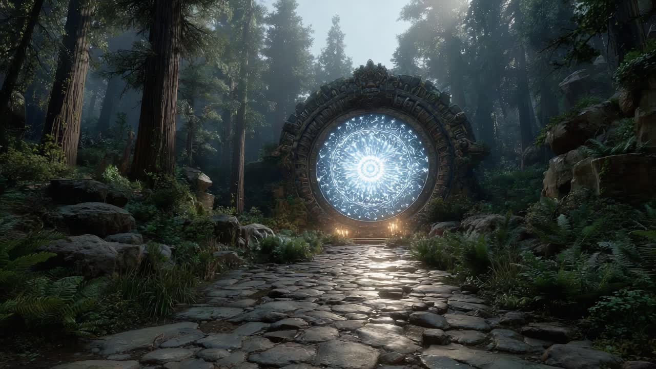 A Mystical Portal Surrounded by Lush Forest: A Journey Through Time and Space Depicted in Two Frames Revealing the Enigmatic Gateway to Another Realm