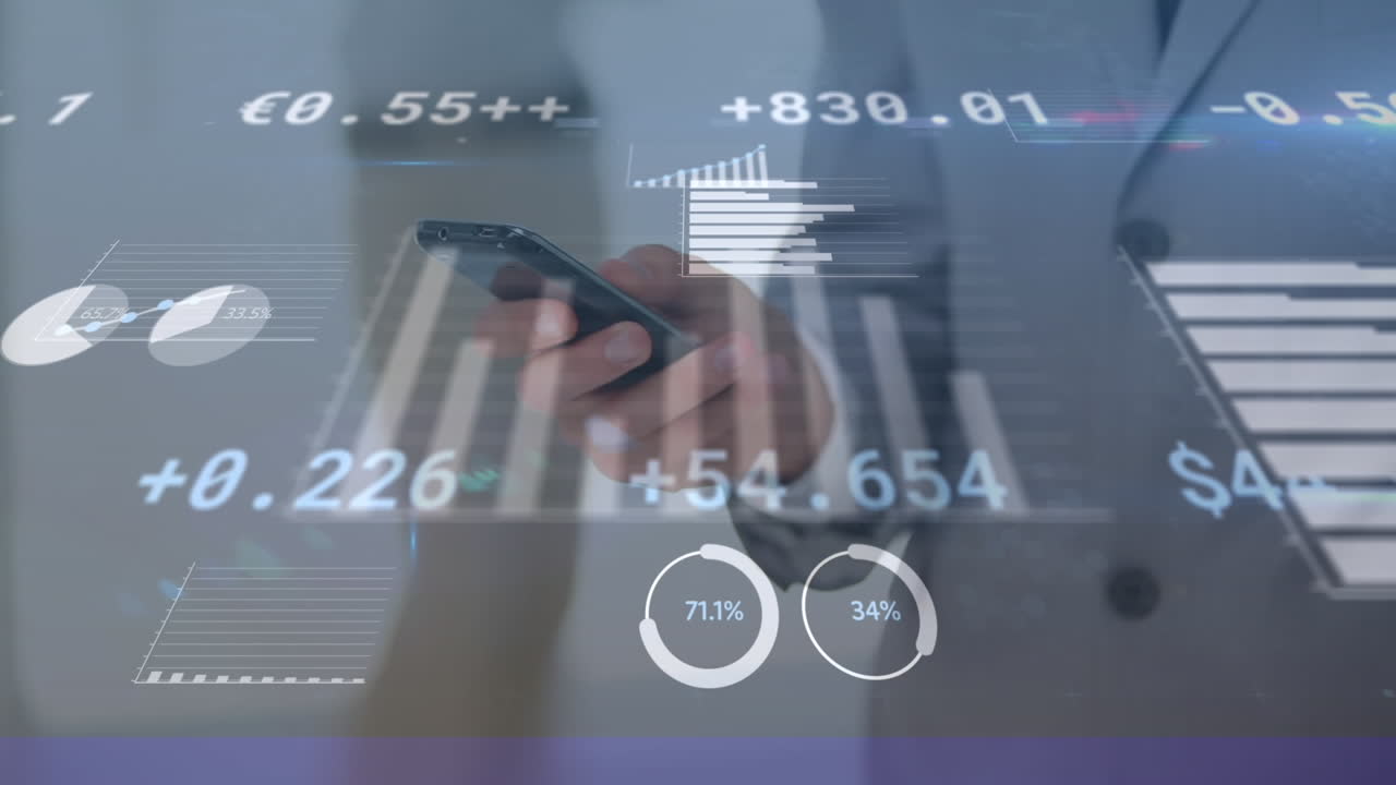 Animation of businessman using smartphone with financial data processing