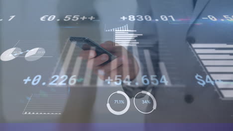 animación de un hombre de negocios que usa un teléfono inteligente con procesamiento de datos financieros