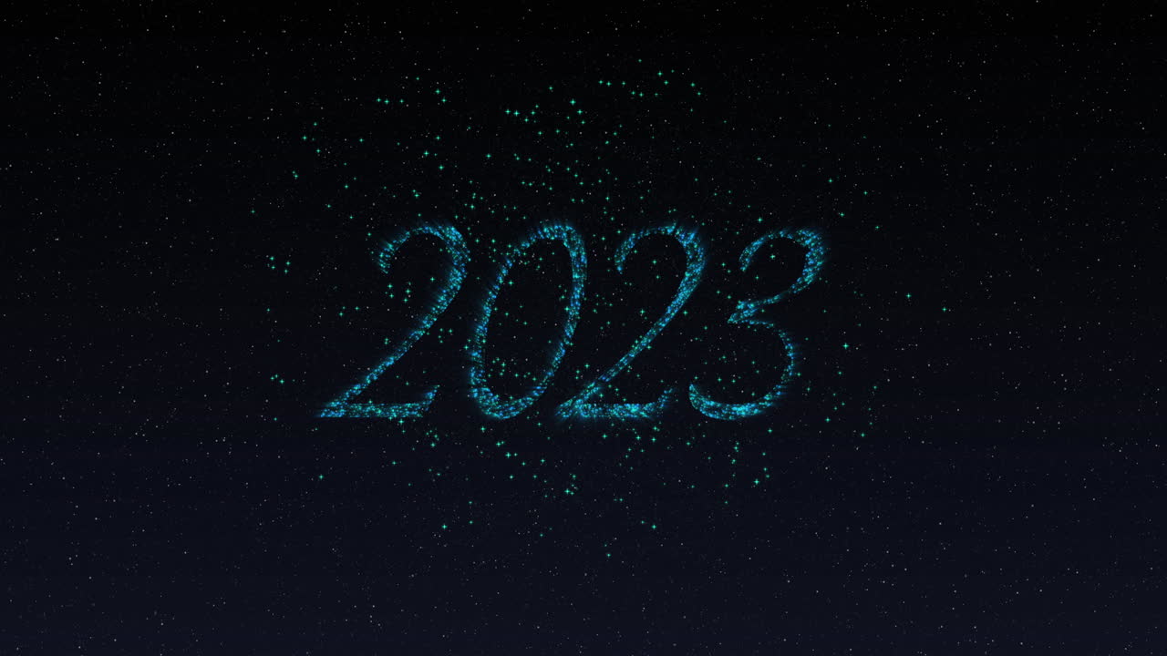Animazione del 2023 con lettere blu scintillanti e fuochi d'artificio