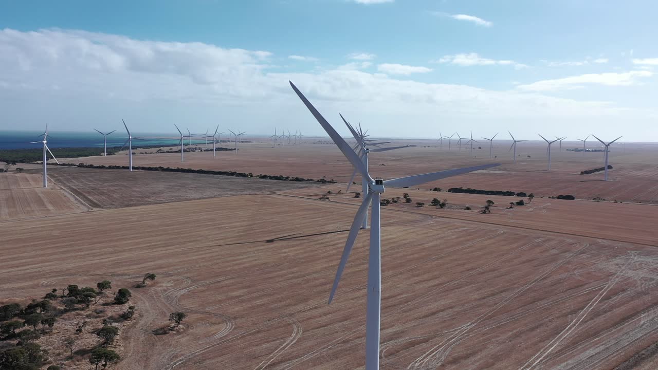 Stationary drone shot looking down a line of multiple wind turbines