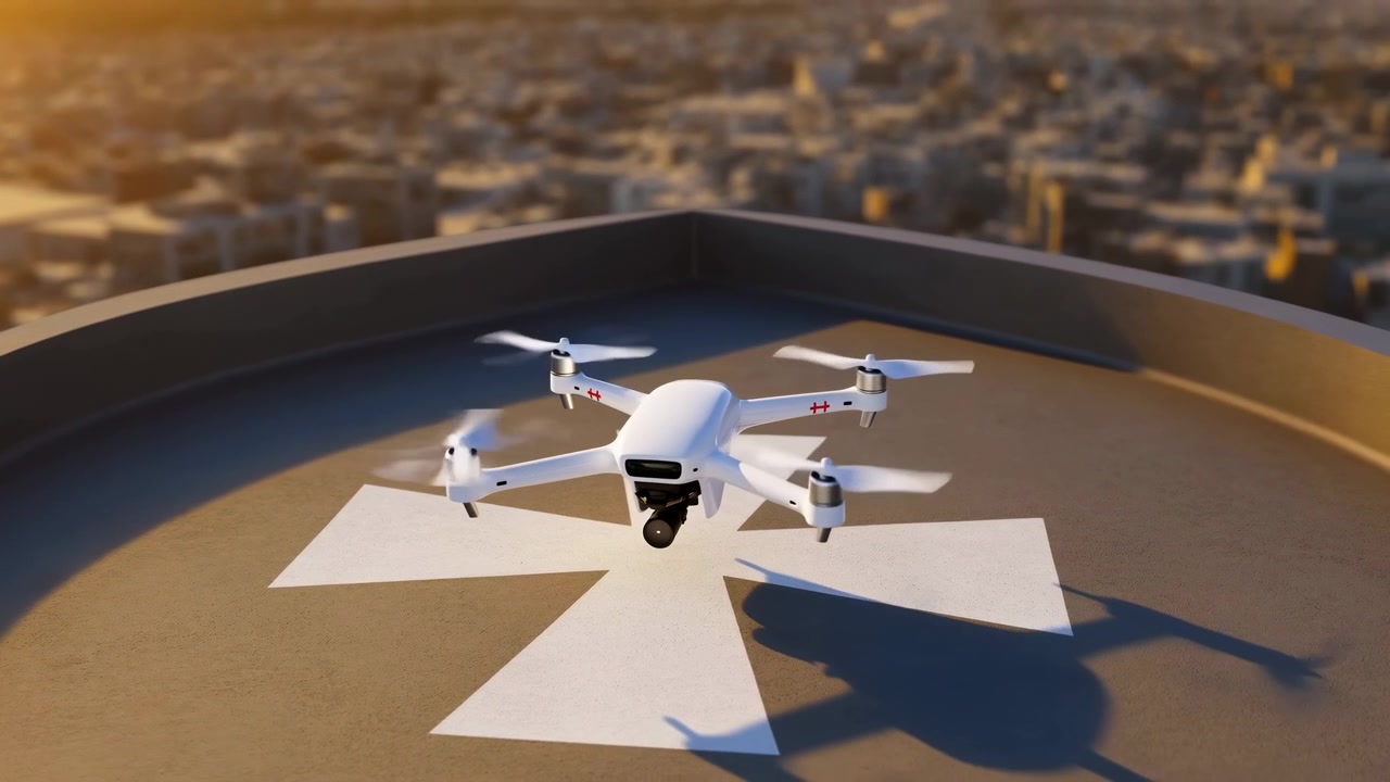 Drone quadricottero bianco con telecamera inferiore e quattro eliche rotanti si posa su un eliporto circolare sul tetto contrassegnato da una grande freccia direzionale bianca, i rotori mostrano una sfocatura visibile delle pale mentre l'aeromobile