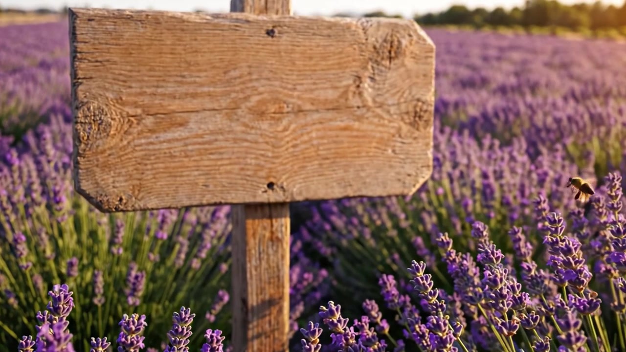 Un sereno campo di lavanda con segnaletica rustica in legno: catturare la bellezza della natura in fioriture viola sotto il bagliore dorato del tramonto