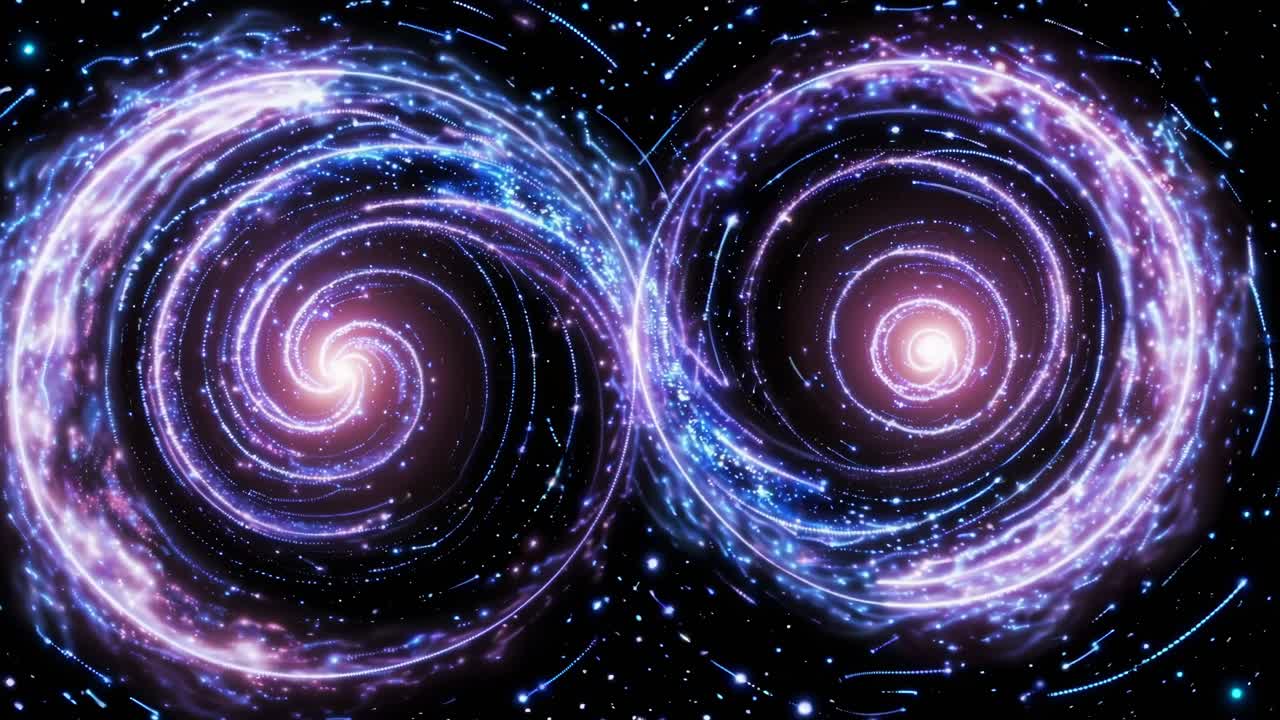 Top-down videovisning af galakser i hvirvler med glødende stjerner i en kosmisk, abstrakt stil