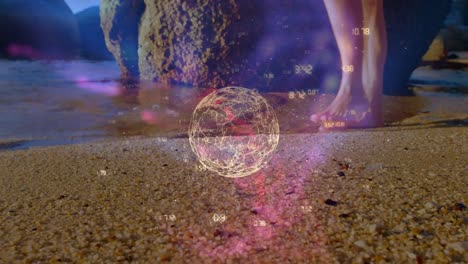 animación del globo y las conexiones sobre las piernas de la mujer caucásica caminando en el mar