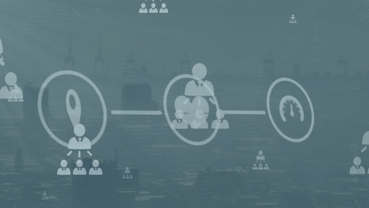 animación de iconos digitales y red de iconos de perfil contra la vista aérea del paisaje urbano