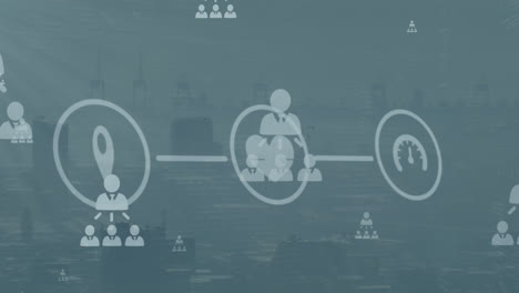 animation of digital icons and network of profile icons against aerial view of cityscape