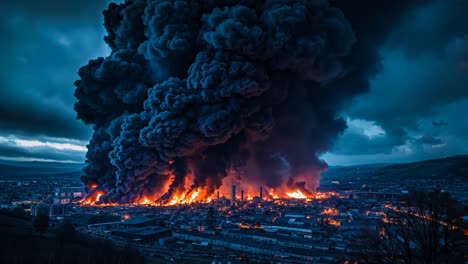 a large plume of black smoke billows out of the sky over a city at night