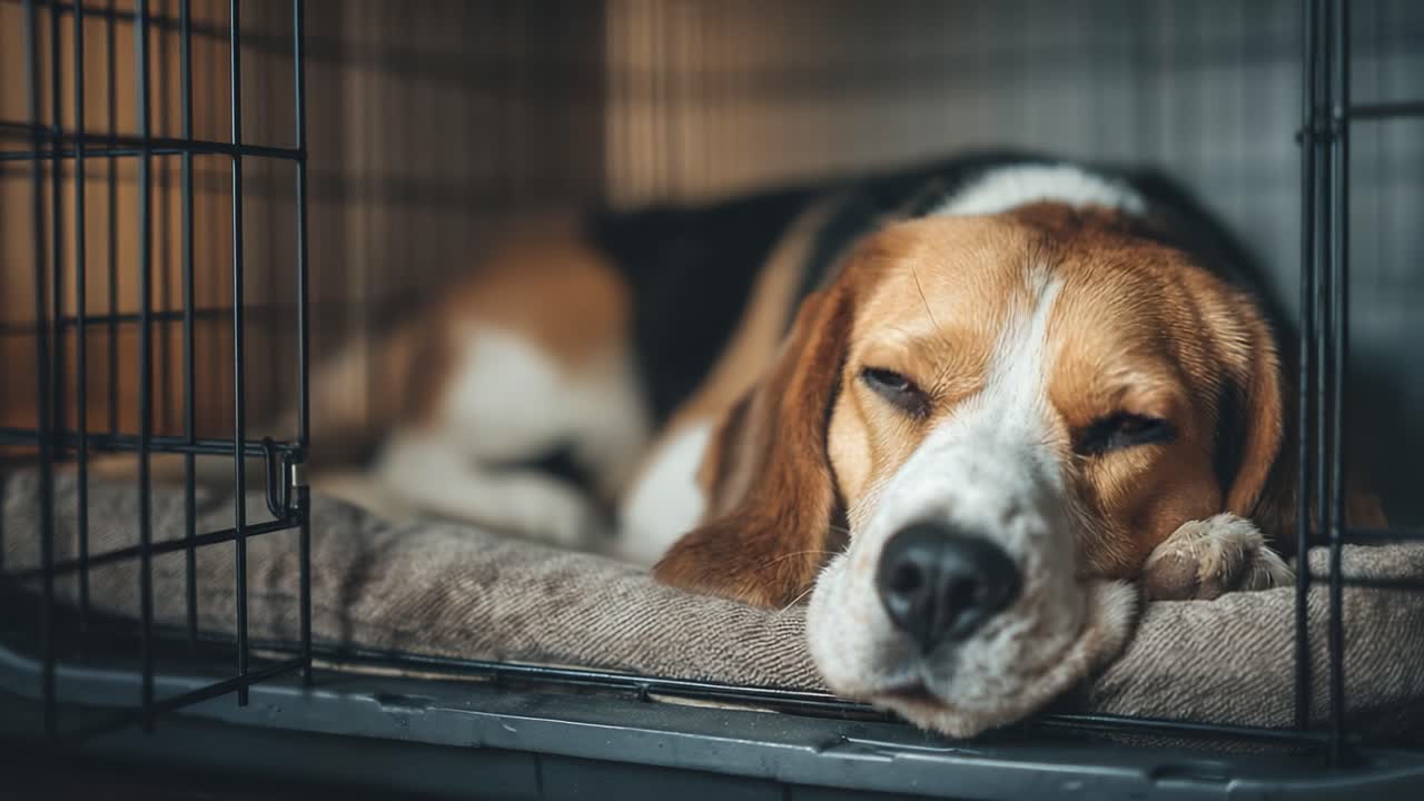 Un Beagle che si rilassa nella sua cuccia, godendosi un confortevole momento di riposo con un'espressione dolce e una presenza calma in un ambiente accogliente.
