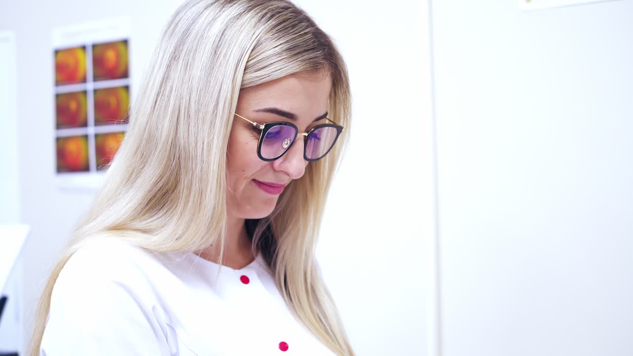 Eye health and care. Woman checking eyesight at ophthalmologist in clinic