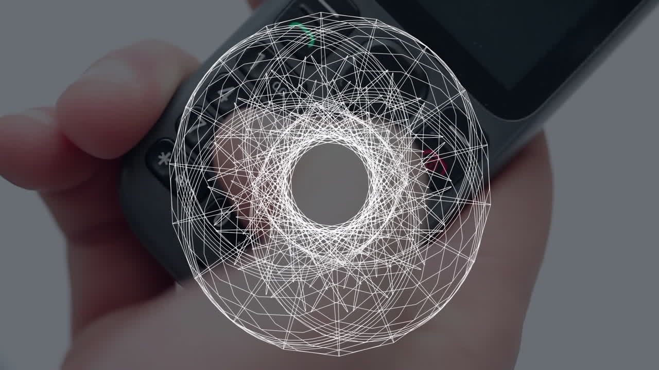 Hand gripping communication device rotating within 3D render featuring geometric wireframe overlay