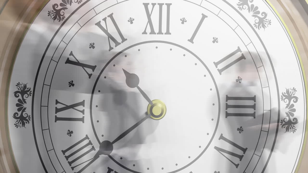Animation of clock ticking over cityscape