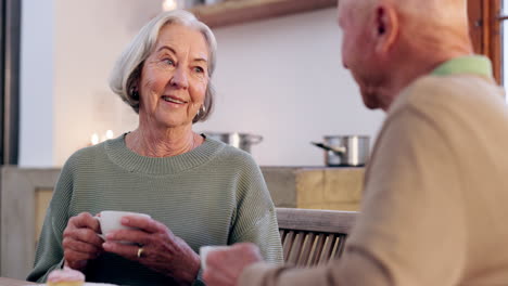 laughing, coffee or old couple talking in home