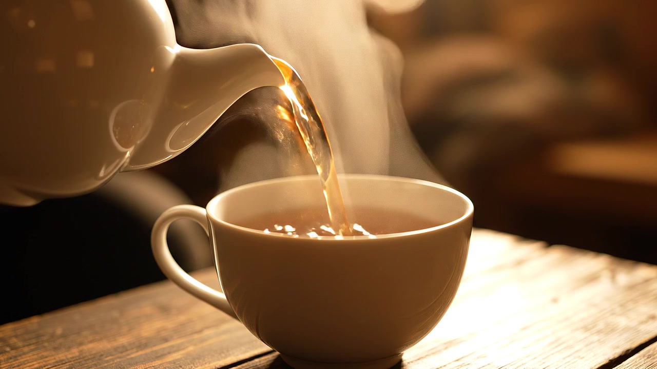Versare tè caldo fumante da una teiera di ceramica bianca
