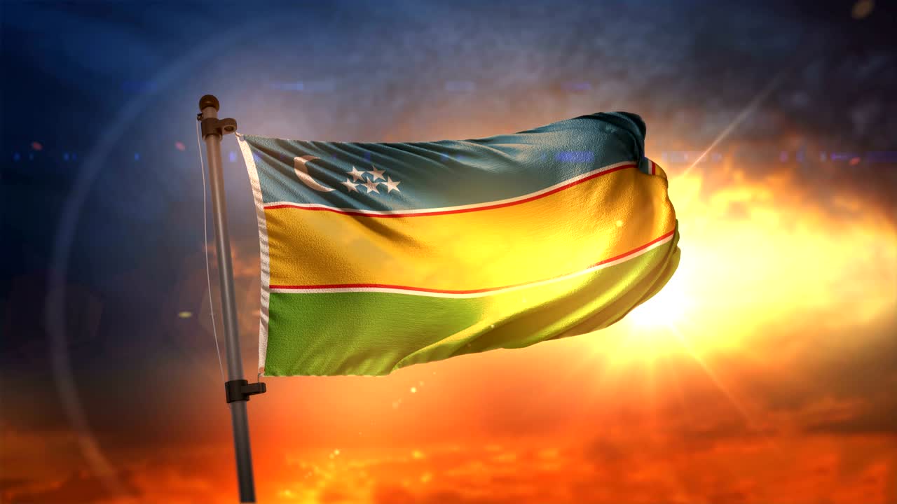 la bandera de karakalpakistán retroiluminada en un hermoso ciclo de amanecer en cámara lenta 4k