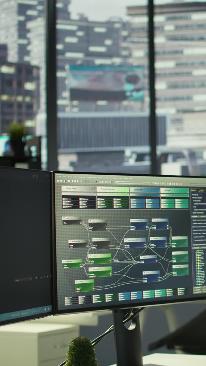 Video verticale: primo piano di codice di programmazione su monitor di computer in un ambiente di lavoro aziendale.