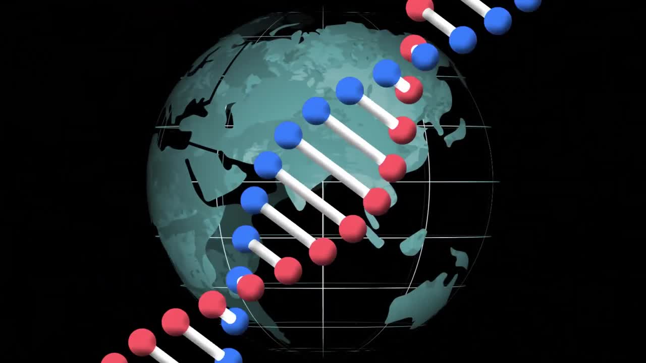 검은 바탕에 지구 위를 회전하는 dna 가닥의 애니메이션