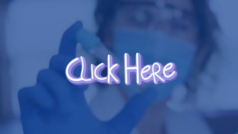 holding vial, medical professional in lab coat with animation text overlay