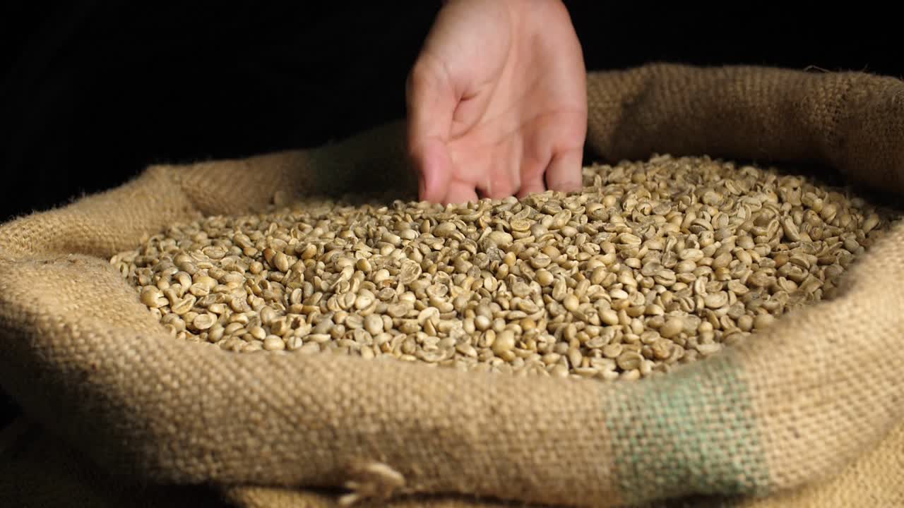 Raw Coffee Pouring From A Hand In A Bag, Slow Motion