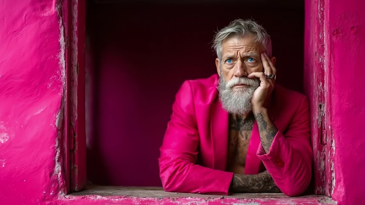 A man in a pink suit sitting in a window with his hand on his chin