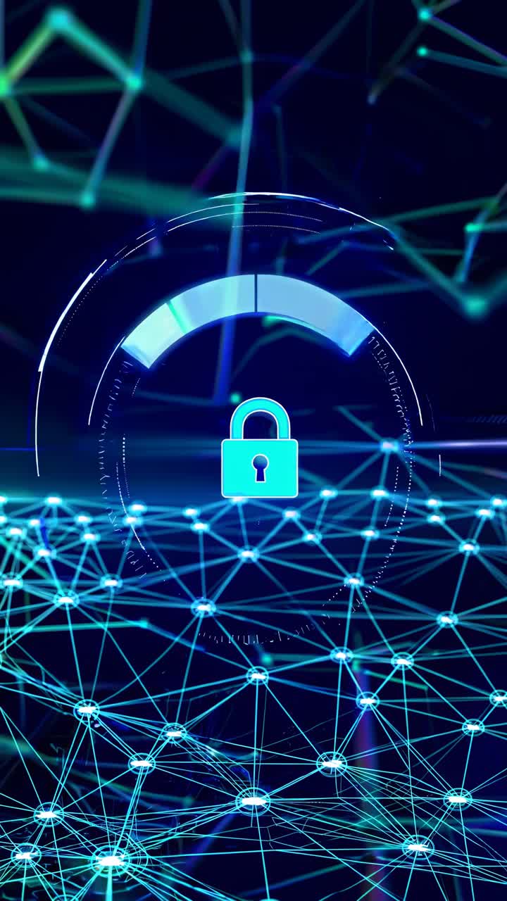Futuristic video concept with a digital lock icon. High-angle view of interconnected blue networks