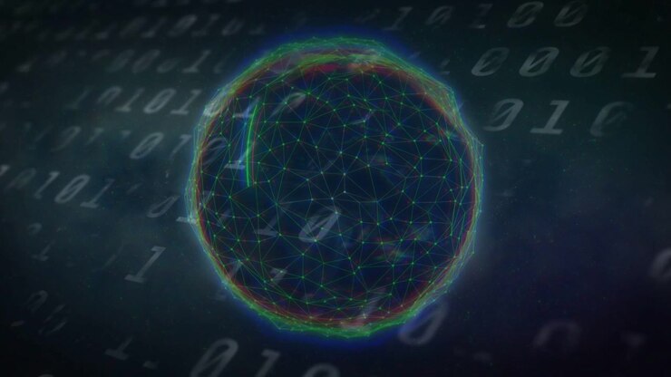 Ein rotierender Globus erscheint, mit Neonlinien, die Knotenpunkte nachzeichnen, und scrollenden Binärziffern, die ein Netzwerk zeigen.