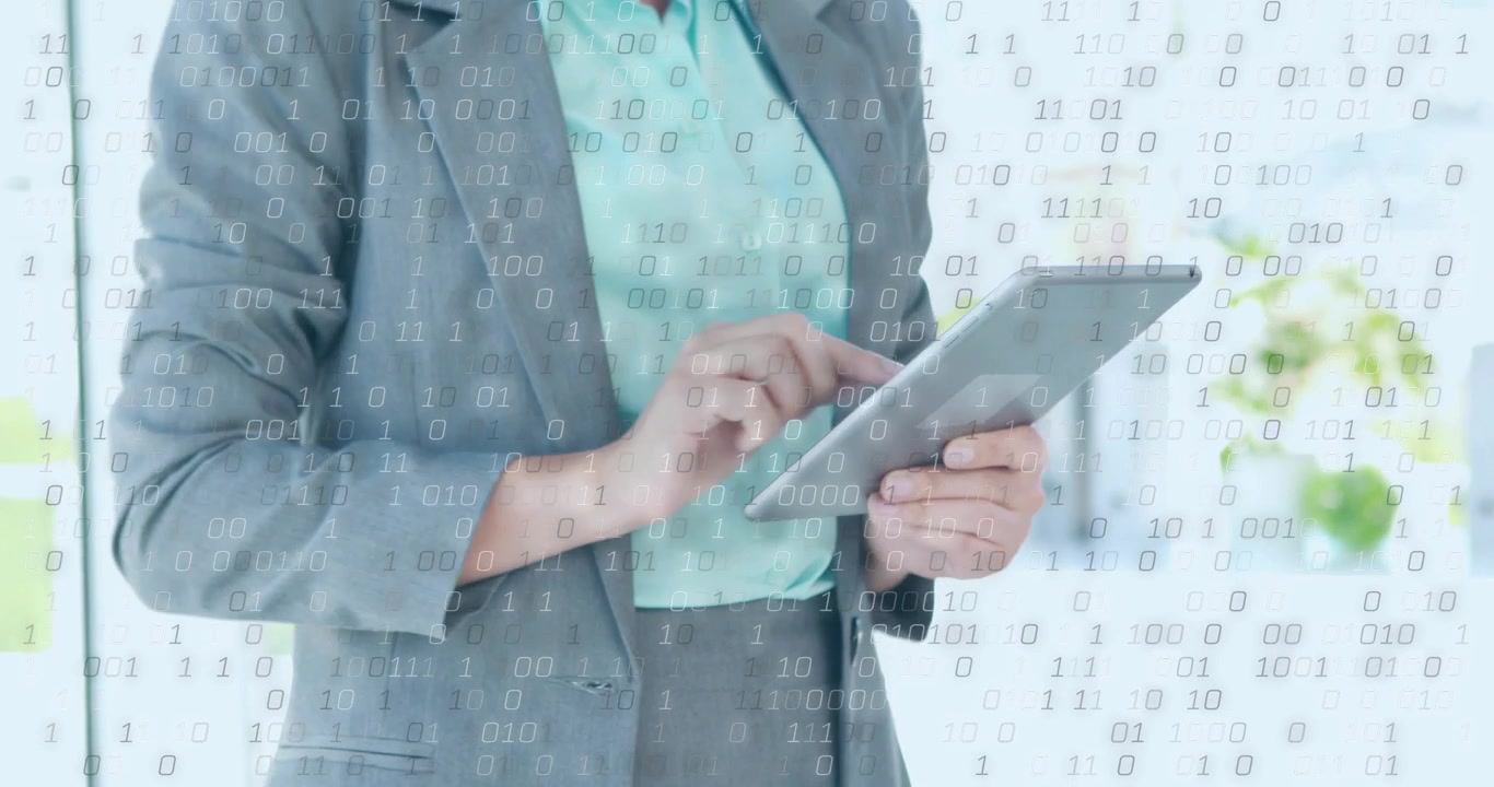 On tapping tablet reviewing content office manager scrolling, swiping windows with binary overlay