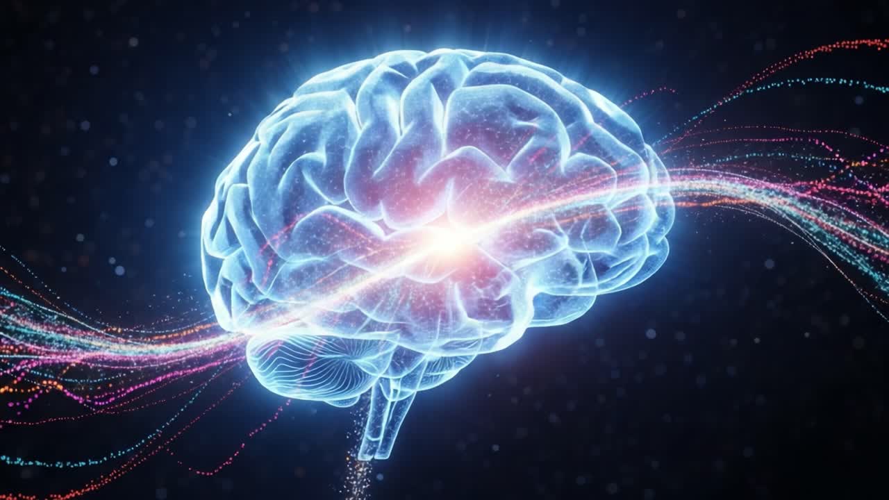 A Stunning Visual Representation of the Human Brain with Radiant Energy Waves Illustrating Neural Connections and Thought Processes in a Cosmic Backdrop