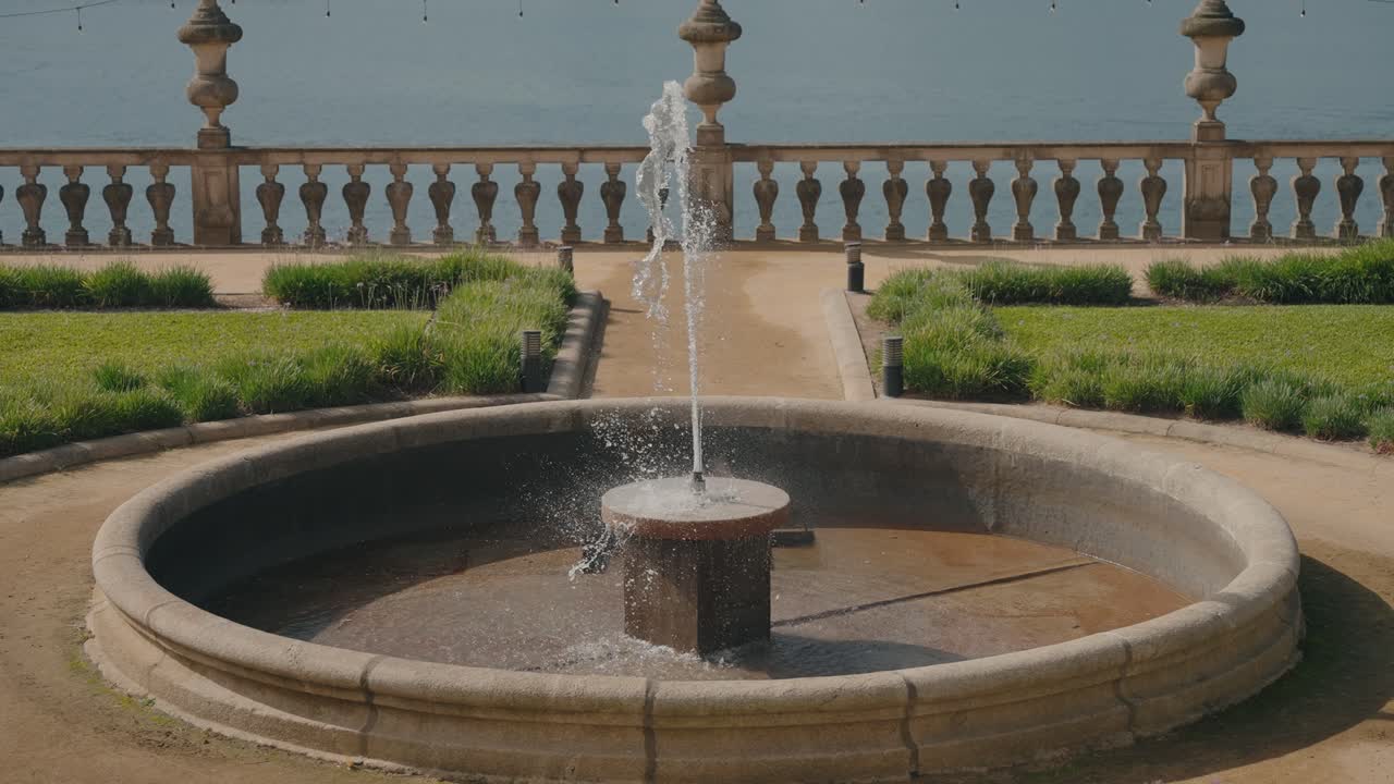 Tranquil garden fountain with water flowing in warm daylight